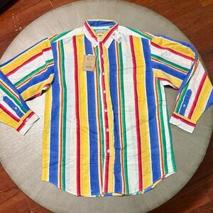 Vintage 90s Striped Button Down Shirt Deadstock NWT Preppy Coastal Summer Size L